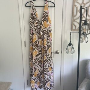 Aakaa Tropical Print Plunging V-Neck Maxi Dress
